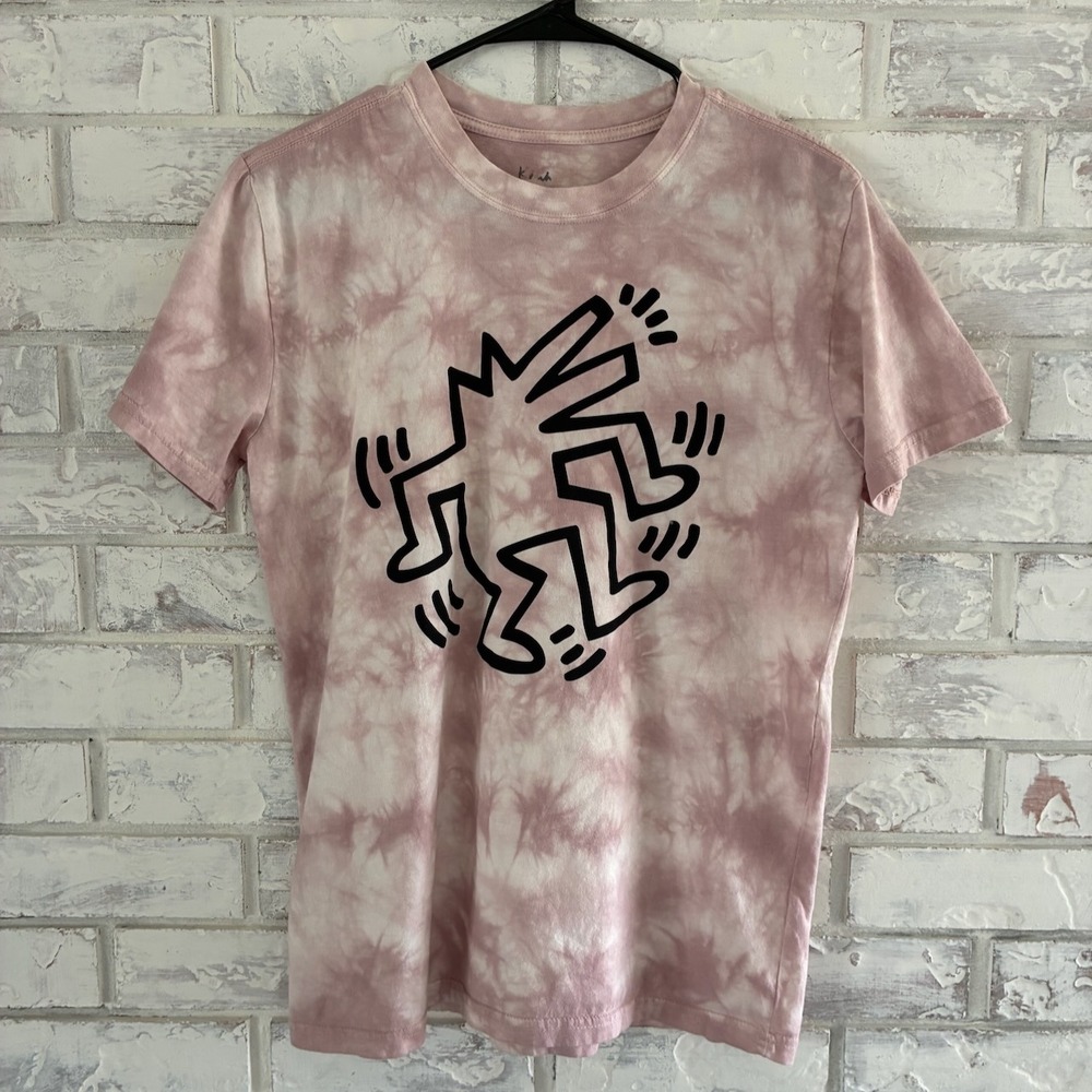 Keith Haring Dancing Dog Tie Dye Graphic T-Shirt Pink White Medium